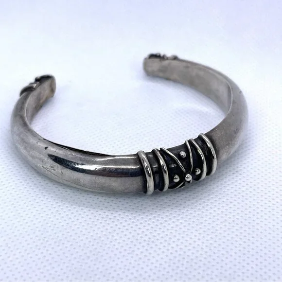 VTG Deborah Armstrong 925 Sterling Silver Hollow Dome Wrapped Wire Cuff Bracelet - Picture 4 of 16